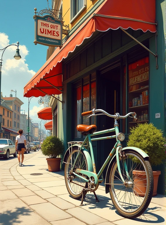 A painting of a bicycle parked in front of a store front