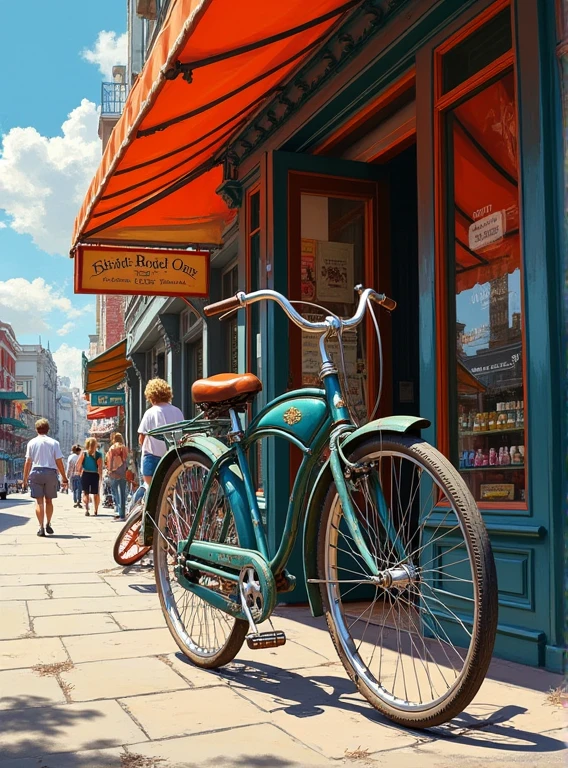 A painting of a bicycle parked in front of a store front