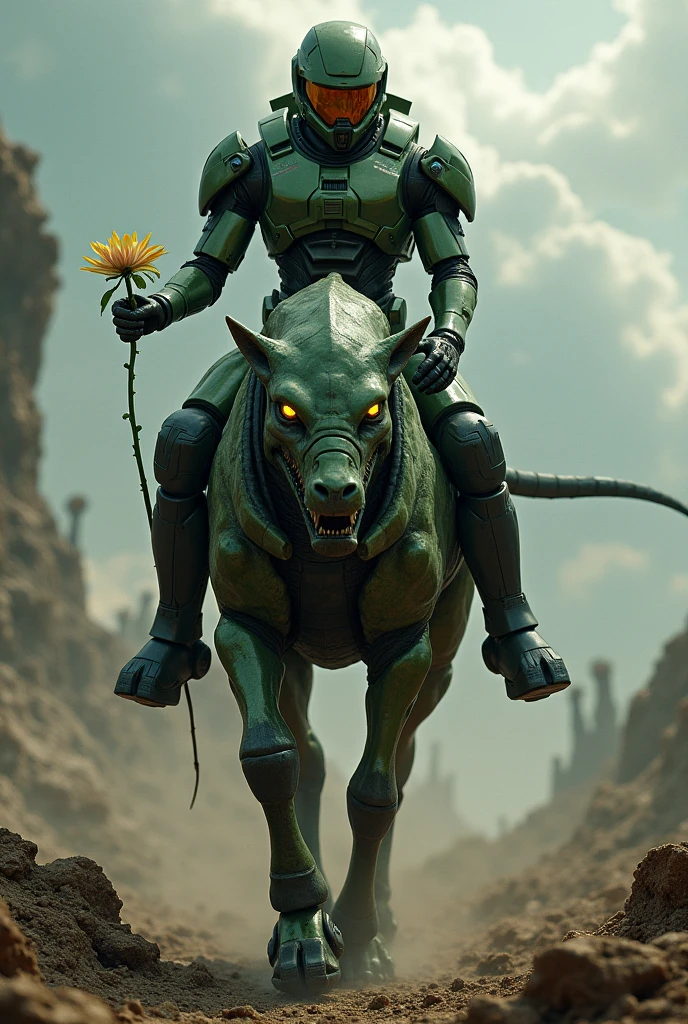 "A futuristic super-soldier in full green armor, with a sleek reflective visor on the helmet, reminiscent of a space marine, is riding a large, reptilian alien creature with muscular limbs and menacing features. The soldier is holding a delicate flower in one hand, contrasting the intense, battle-ready environment. The alien creature, resembling an elite warrior with sharp armor plates and glowing eyes, moves through a desolate battlefield with remnants of alien structures in the background. The sky is dark with swirling clouds, adding drama to the scene. The image should capture the juxtaposition of strength and gentleness, with the soldier’s stoic demeanor as they hold the flower while riding the powerful alien creature."