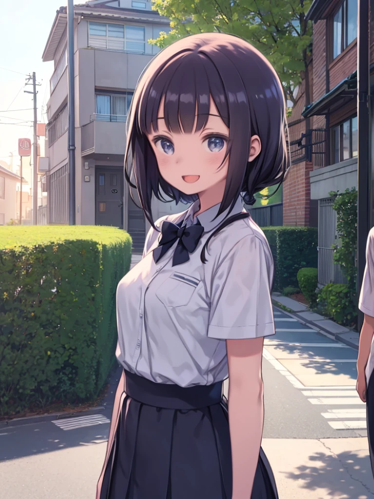 One Girl、One Man、high school student、girl friend、boyfriend、In uniform、Walking side by side、smile、Open your mouth a little、Upper Body、Summer landscape、Residential Street、Holding hands、