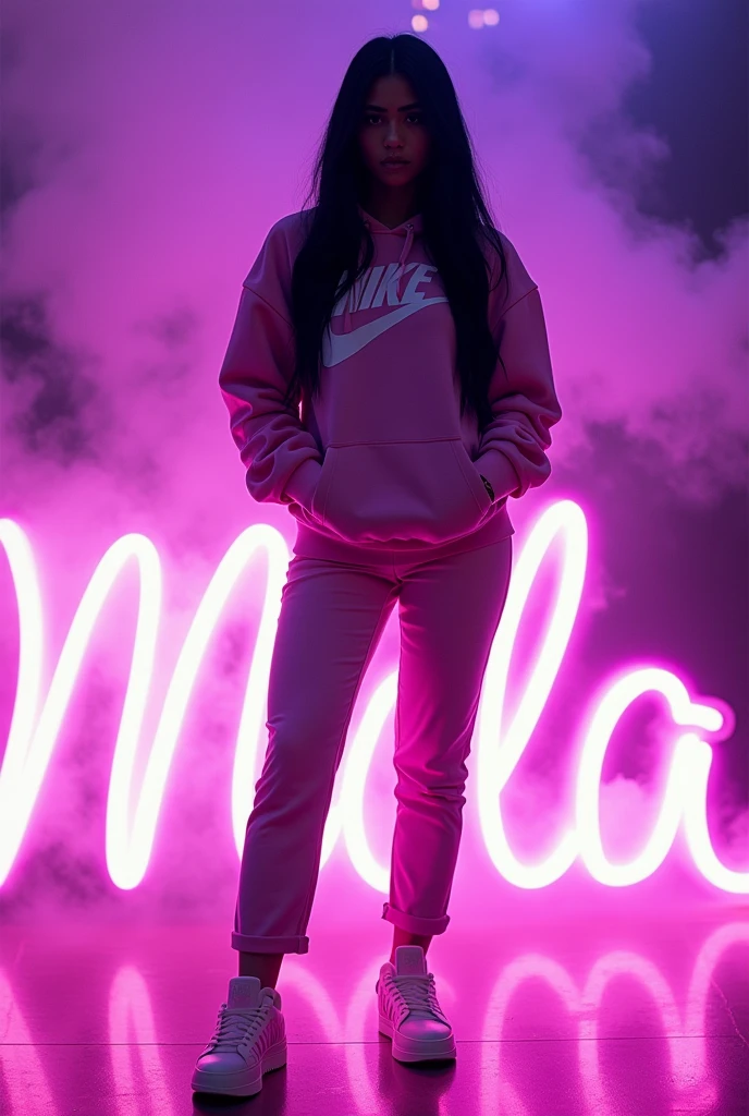 Anto&#39;s photo captures an electrifying combination of confidence and style, which attracts the viewer. Situated on top of the glowing word &quot;Mila&quot;, her presence is commanding, but attractive, as bright purple and pink neon lights envelop her in a glowing aura. 

Anto&#39;s long black hair flows elegantly, framing her face and adding charisma to her. Dressed in smart Nike sportswear, She embodies modern chic; pairing her cozy hoodie with tailored sweatpants, complemented by immaculate white Nike sneakers, demonstrates the perfect balance of comfort and sophistication. 

She holds an elegant smartphone in her hand., тонкий намек на modern lifestyle, which many strive for. This addition enhances the overall aesthetics., portraying her as a human being, keeping up with the latest trends and technologies. 

A subtle smoky background effect adds an artistic dimension to the photo., creating a sense of depth, which enriches the scene.  It gives airiness, as if the viewer had entered a fairy-tale world. 

Generally, This striking composition not only highlights Anto&#39;s personality and style, but also invites viewers to take part in a bright, modern lifestyle. Interaction of colors, confidence, coming from Anto, and captivating details make this photograph a stunning piece of visual storytelling., hard to take your eyes off.