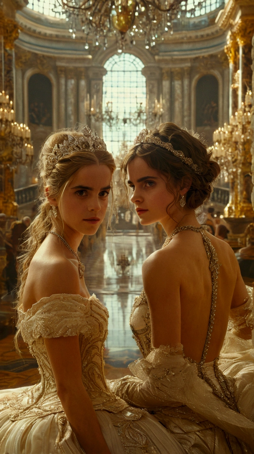two women in fancy dresses sitting in a room with chandeliers, movie still of emma watson, film still of emma watson, belle, high-res, high - res, high res, karol bak of emma watson nun, 4k, 4 k, trailer, diadems, 8k)), full res, exclusive, still from a live action movie