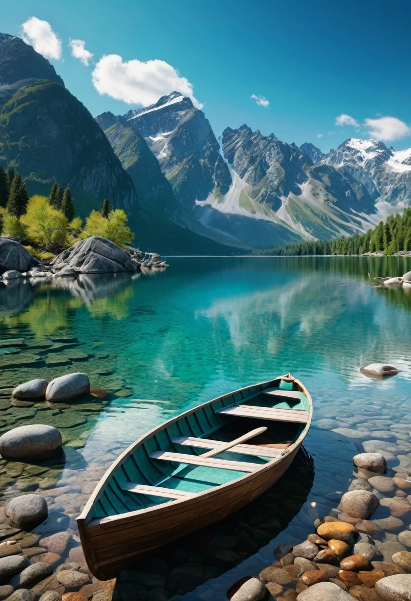 The image is a beautiful landscape of a lake with a wooden boat on the shore. The lake is surrounded by rocks and boulders, and the water is a vibrant turquoise color. In the background, there are tall mountains with snow-capped peaks and a clear blue sky. On the right side of the image, there is a small cabin with a sloping roof and a chimney. The overall scene is peaceful and serene, with a sense of serenity and tranquility.4k realistic