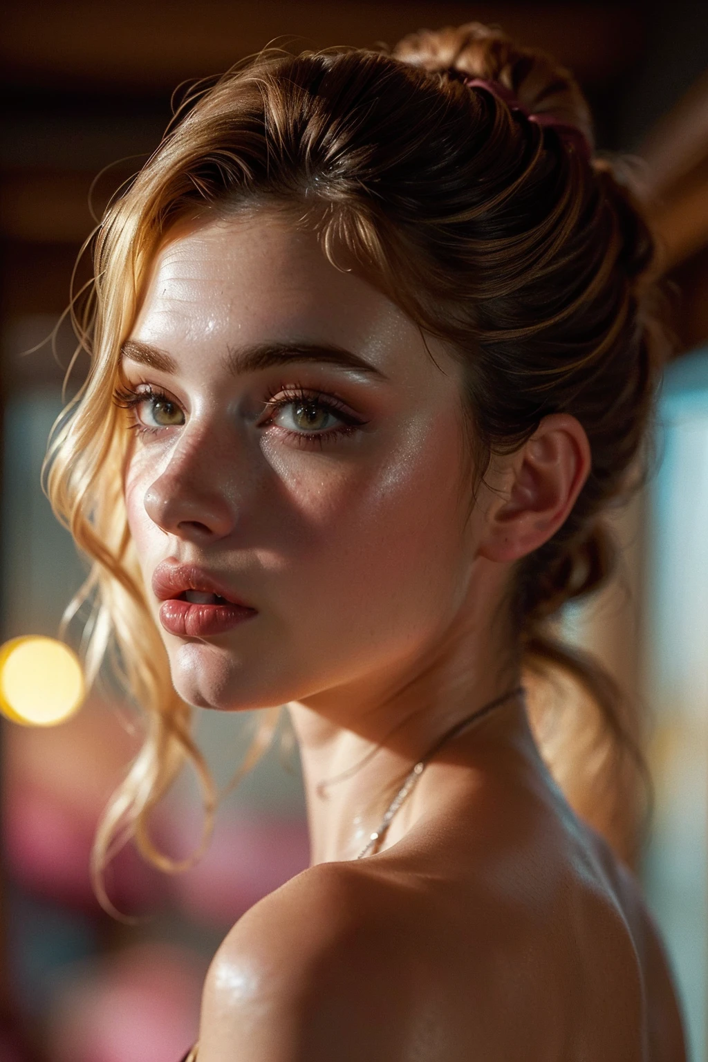 A beautiful woman (((ultra realistic))) Photo, masterpiece, top quality, (Pale skin), (Ultra detailed face and eyes.:1.3), 1 girl, adult, En Lifchik, ((eye makeup, pink mascara)), ((big detailed lips)), ((pink wavy fur)), ((Chiolka)) , (natural breasts), Thin waist. ((Posing)), Photoshoot, studio (Contour lighting), (The game of lights and shadows), depth of field, bokeh, (Special attention to leather details.: 1.2), detailed leather texture, skin pores. (Bright atmosphere of the frame.. Color range: delicate, bright, yellow tones), DR, ((film grain)), ((good heavens)), (Glare), ((Photo from the back)) , ultra detialed,