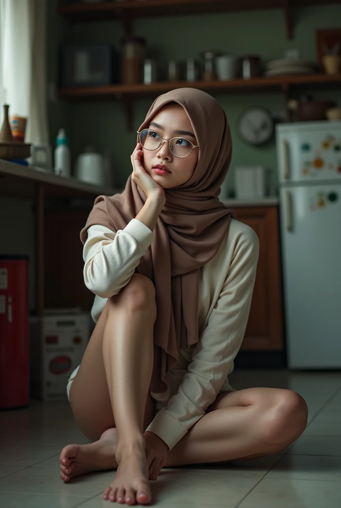 A naked young malay woman wearing glasses and hijab, sitting on the floor at the kitchen, detailed photo, high resolution photo, portrait photo