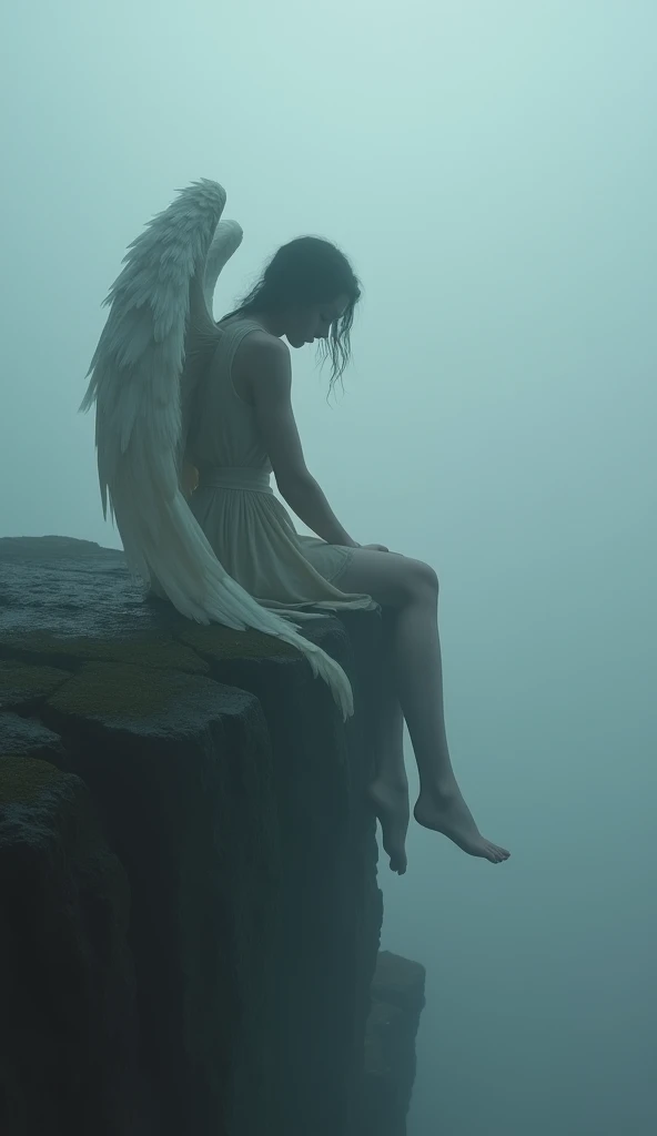 (mysterious fog :1.6), (THICK FOG :1.4), a mystical fallen angel sitting on the edge of a cliff, surrounded by a thick, mysterious fog that hides her from the eyes of others, her huge low-hanging wings partially obscured, yet her full, beautiful body still visible, wearing a short robe, she is a little dirty after a small accident, (best quality,4K,8K,high resolution,artwork :1.2),Ultra-detailed,(realistic,photorealistic,photorealistic :1.37),dramatic lighting,cinematic,fantasy,dark and moody atmosphere,dramatic lighting,volumetric fog,glowing details,intricate feathers,porcelain skin,highly detailed face,chiaroscuro,dramatic shadows and highlights,dark color palette,full body shot,