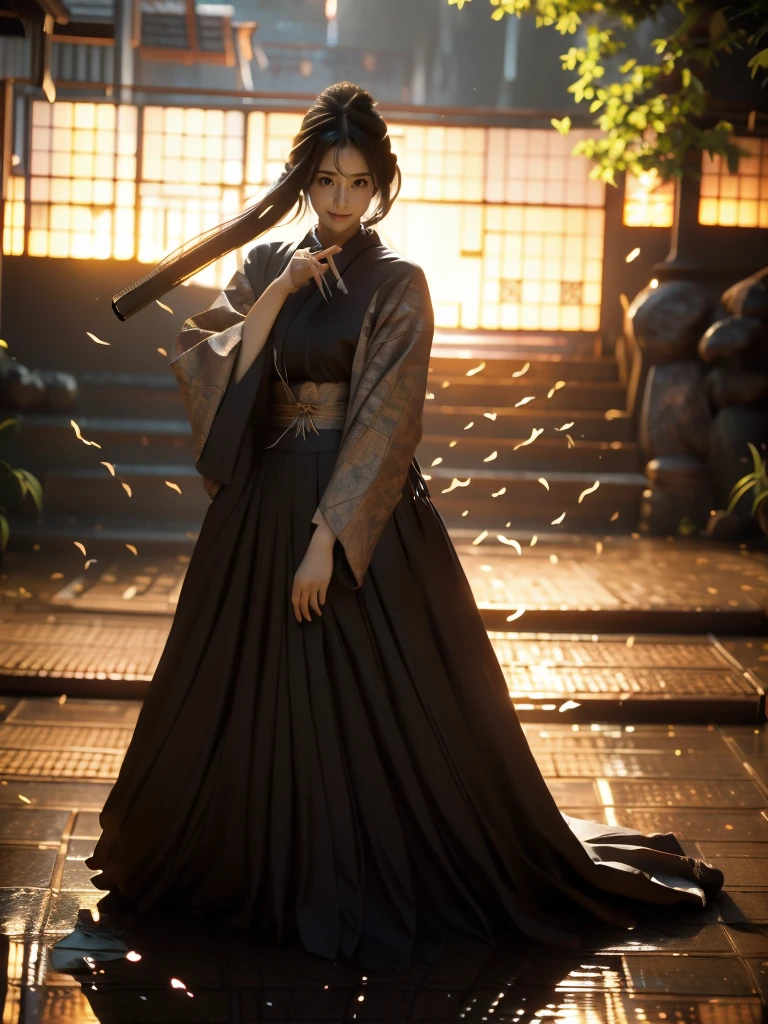 A lone samurai woman standing in a peaceful field at dusk, ready to draw her katana. She is wearing traditional samurai attire from the Sengoku period of Japan, consisting of a black and dark brown kimono-style robe with wide sleeves, tied with a dark obi around her waist. Her right hand is gripping the hilt of her katana, positioned near her waist as she prepares to draw it, while her left hand is steadying the sheath. Her posture is tense but focused, capturing the precise moment before action. Her hair is tied up in a traditional warrior style, and her face shows calm determination. The scene is set in a quiet field with tall grasses swaying gently in the wind, under the fading light of dusk. The color palette is soft and muted, with earthy tones for both the environment and her attire, and the background is simple, with birds flying in the distance."Additional Parameters:Style: Realistic, with a focus on action and tension in the poseLighting: Soft dusk lighting with warm, fading sunlight casting long shadowsColors: Dark black and brown tones for the attire, earthy and muted tones for the grass and skyComposition: The samurai woman centered, in a poised stance, with her katana halfway drawn, the quiet field around her creating a sense of serenity and focusEnvironment: Quiet field at dusk, soft wind moving the tall grass, birds flying in the distance