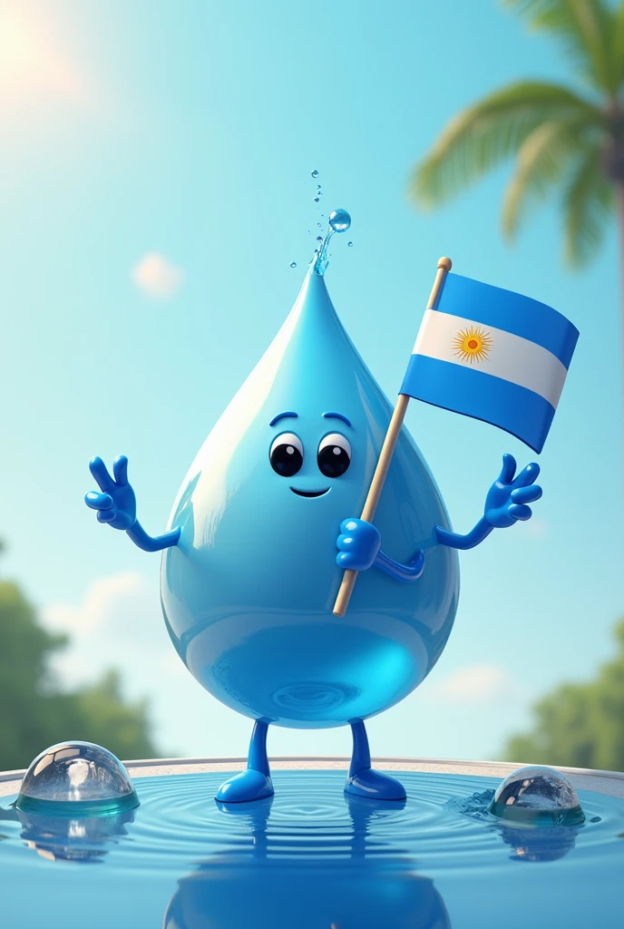 I want a drop of animated water with legs and hands holding the flag of Argentina., that the drop is on top of a logo that says oasis fresh with the background of Argentina