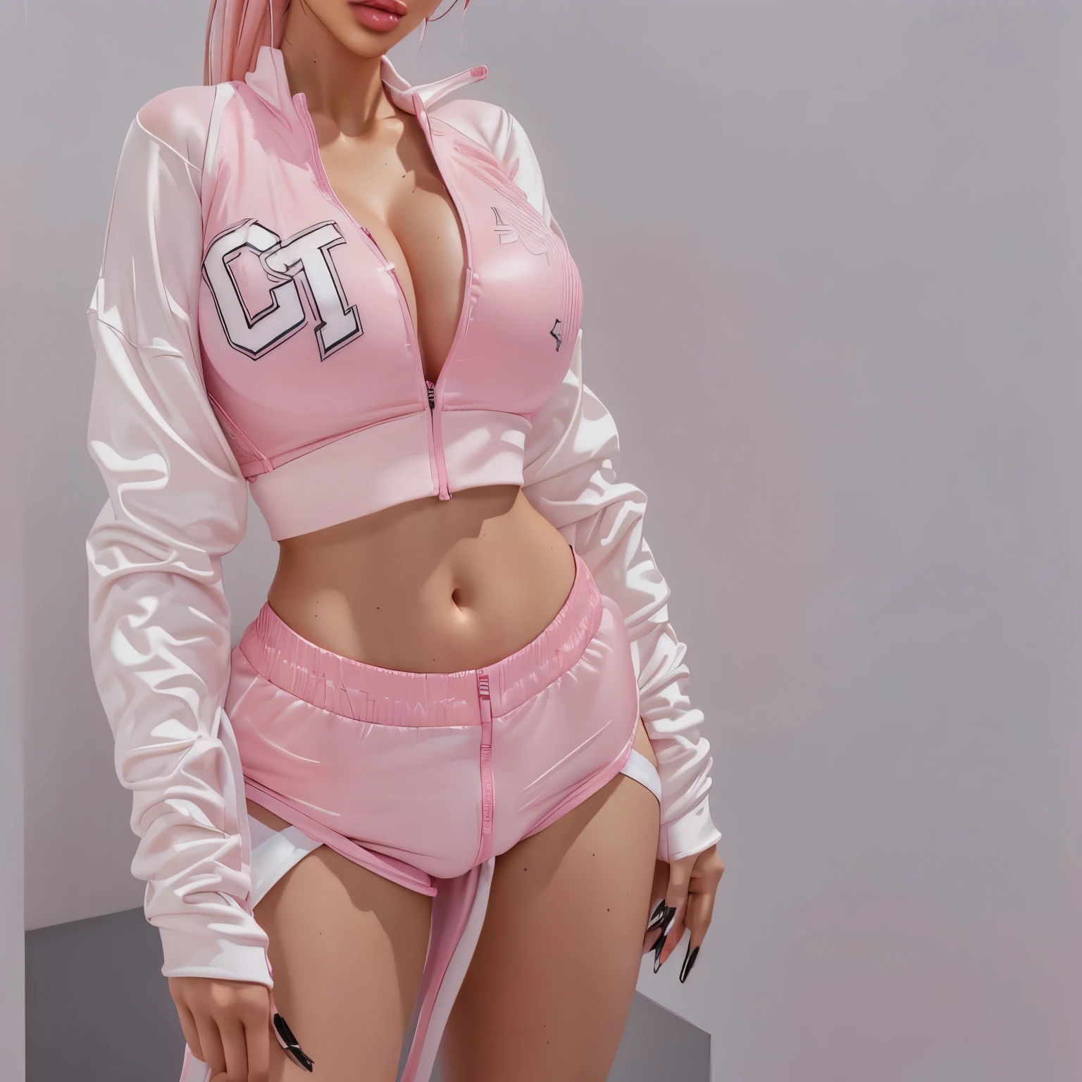 Barbie doll with a pink and white sports outfit and black hair, a sheep, streetwear bra and shorts, cgsocietywlop, CG, the smallest abdomen ever seen, chrome suit, Cute sportswear, ((rosa)), Aesthetic!!!!, Physicist : the smallest abdomen ever seen, in clothes! Very detailed, sports bra and shorts, female suit