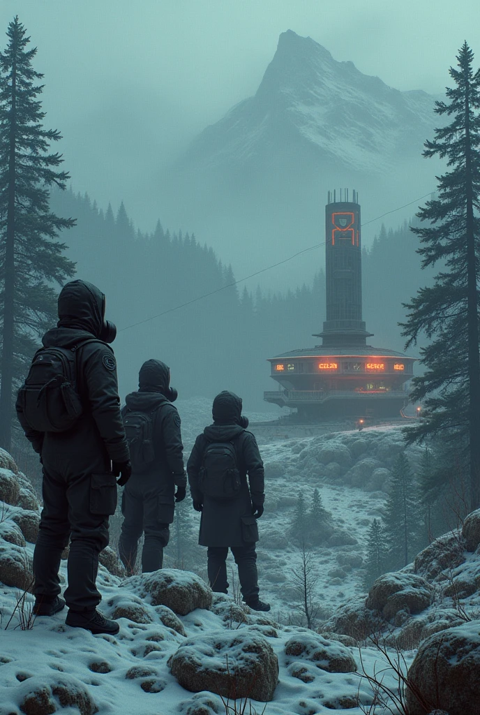 (Isolated humans with gas mask) look over futuristic outpost into the mountain, in the style of dark hues, forest winter, coded patterns, urbancore, soviet ambience, vastness of space, post apocaliptic space.