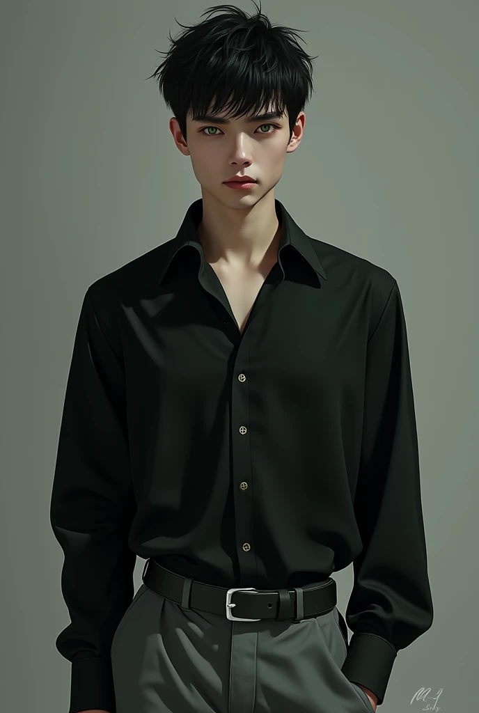 Young male vampire, approximately 21 years old, serious.
with very short black hair,black shirt and gray pants, pale and tall and green-eyed