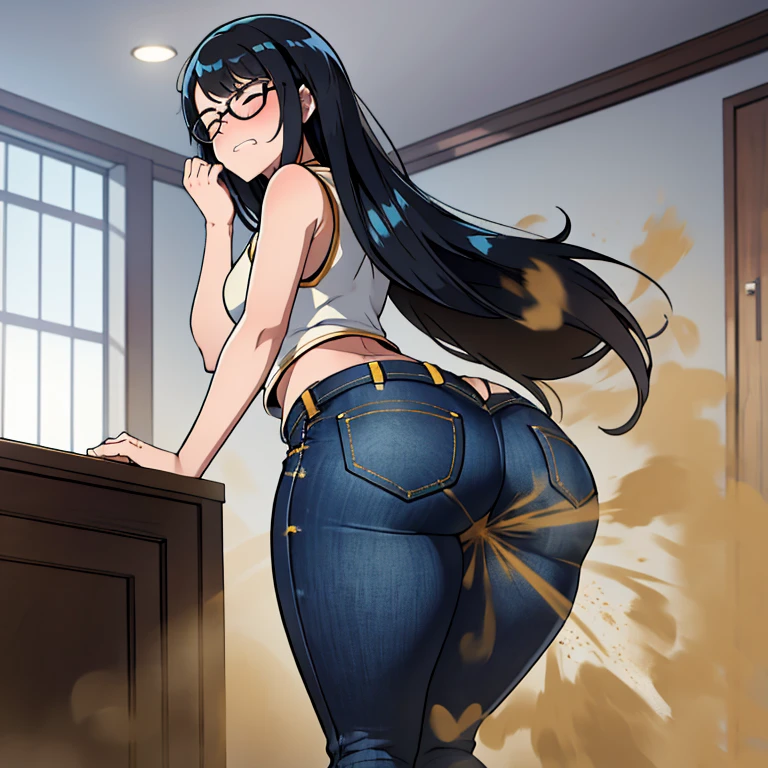 solo,1girl,black hair ,blues eyes ,tareme, hair bang, long hair, gleaming skin, glasses, sleeveless hoodie, blue jeans, massive fart, farting, blush, lifting ass, closed eyes, clenching teeth, alone in a room