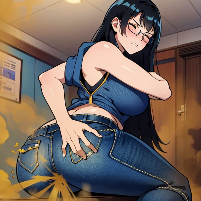 solo,1girl,black hair ,blues eyes ,tareme, hair bang, long hair, gleaming skin, glasses, sleeveless hoodie, blue jeans, massive fart, farting, blush, lifting ass, closed eyes, clenching teeth, alone in a room