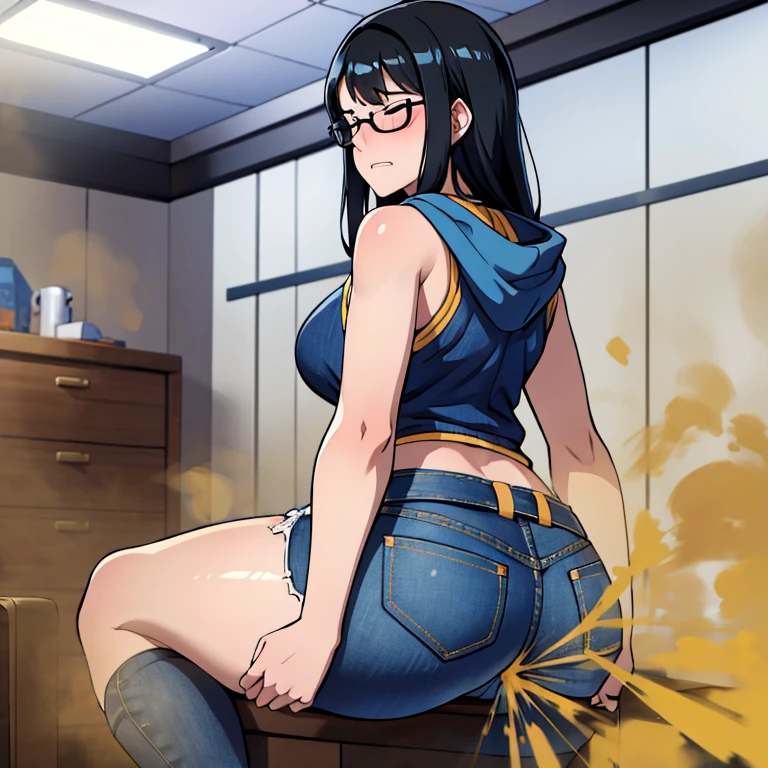 solo,1girl,black hair ,blues eyes ,tareme, hair bang, long hair, gleaming skin, glasses, sleeveless hoodie, blue jeans, massive fart, farting, blush, lifting ass, closed eyes, clenching teeth, alone in a room