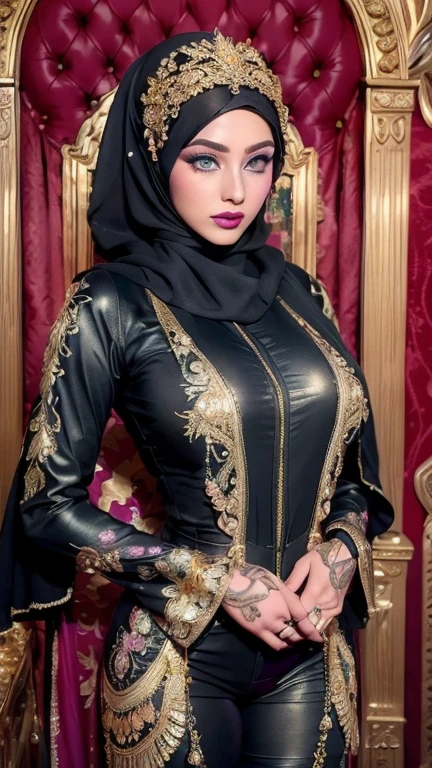 a woman in a gold dress and jewelry posing for a picture, extremely detailed goddess shot, a beautiful fantasy empress, ((a beautiful fantasy empress)), goddess. extremely high detail, beautiful goddess, intricate body, seductive mature woman, beautiful alluring arabian woman, beautiful detailed body and face,arabian goddess,Makeup(thick super long dramatic eyelashes, neon purple eye makeup that runs from her eyelid up to her temple:1.3),(Golden Eyeshadow,Big Green Eyes,Dark Masara:1.3)
Full,sexy cupid bow lips(bright red lipstick)
, wearing a big swarovski necklace
cinematic goddess body shot, 8k high quality detailed art,
wearing(Red Chiffon Hijab with Golden jewellery:1.3),