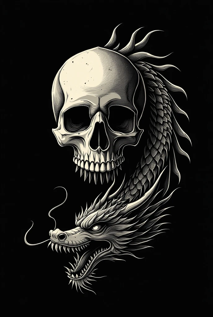 Create a skull and a Chinese dragon in thin line art with a black background