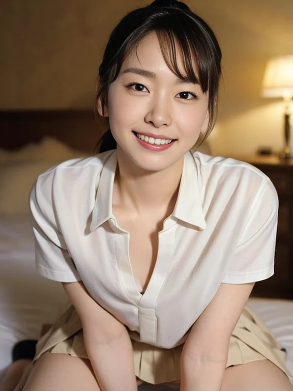 Beautiful Japanese Woman、Beautiful mature woman、Classy sexiness、Tight business shirt、(panties、smile、Round face、Beautiful legs、Thighs:1.2)、masterpiece、4K High Resolution、Photo quality、Updo、