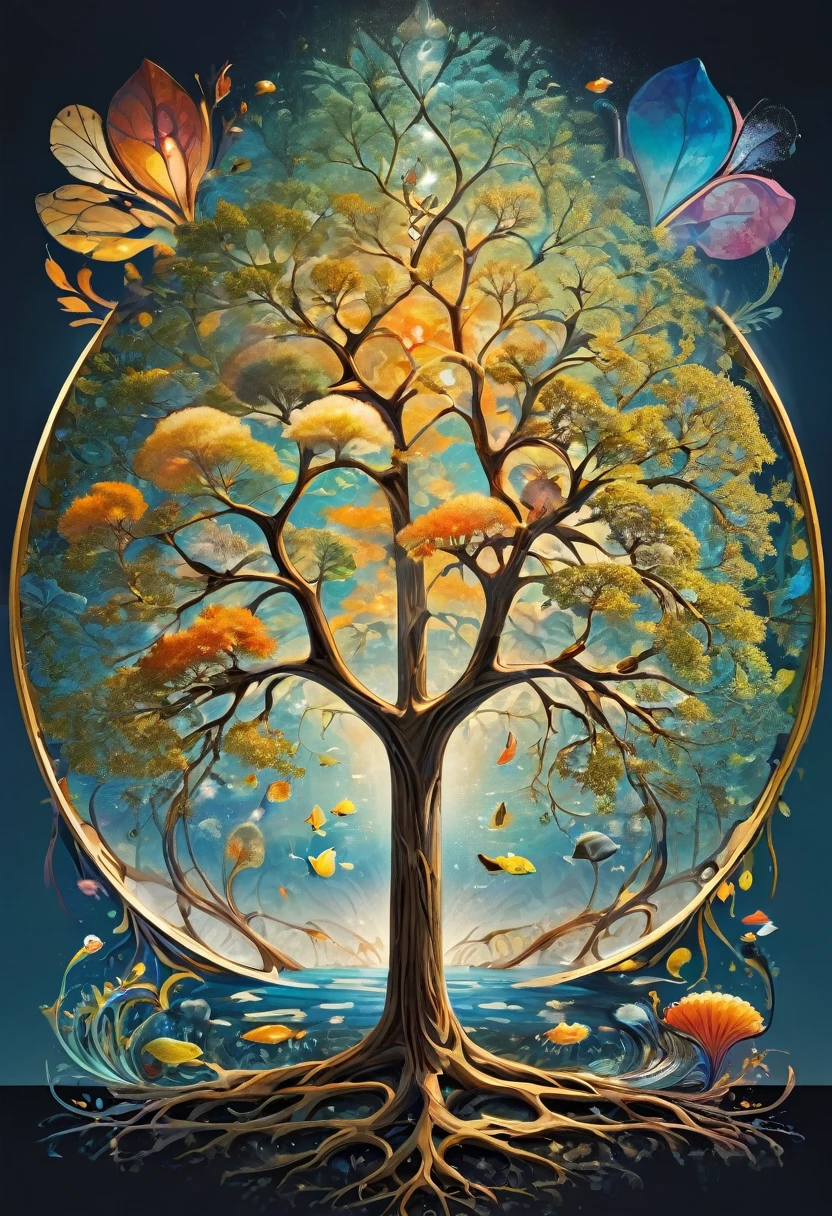 (Evolution of life)、Fibonacci、the golden ratio、melted wax、Visible brush strokes、3D tessellation wireframe、neural graphic、neurons、The Tree of Life、Farbe、tenderness、passion、The ultra -The high-definition、8K UHD、masterpiece
