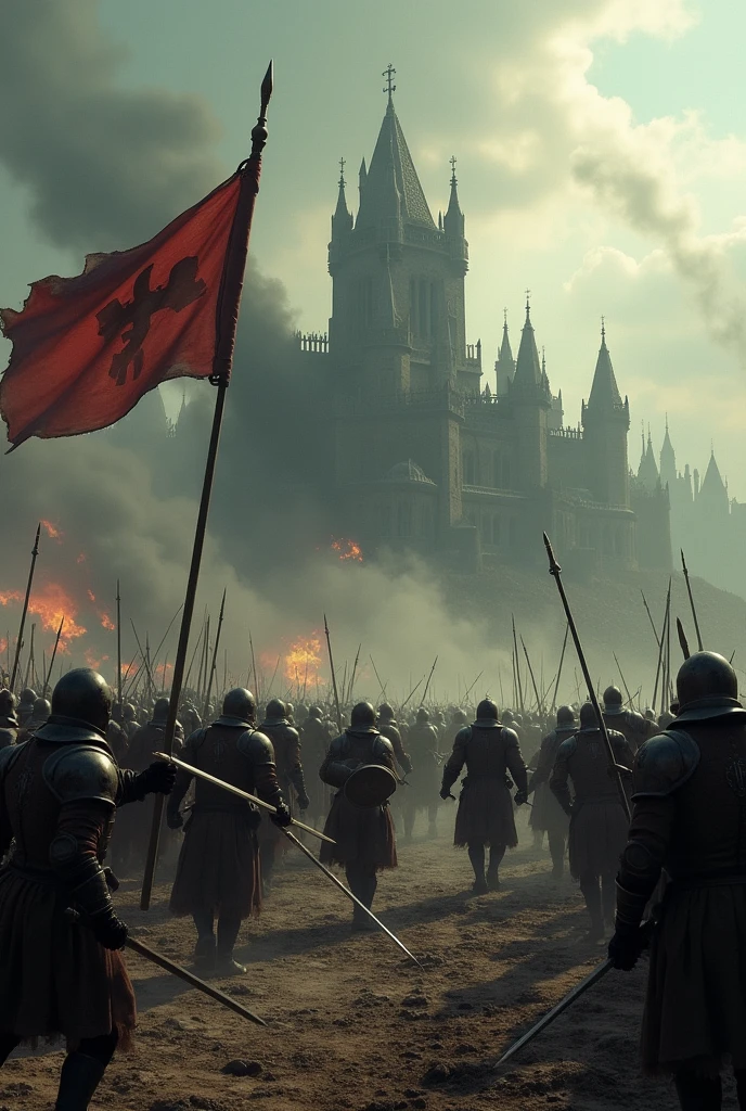 medieval battlefield, Seen from above, epic fights, Soldiers fighting with swords and shields, Flag fluttering in the wind, Gothic architecture, Impressive castle, Smoke and fire, cloudy ash sky, intense moment, Minute Details, Depressive Atmosphere.