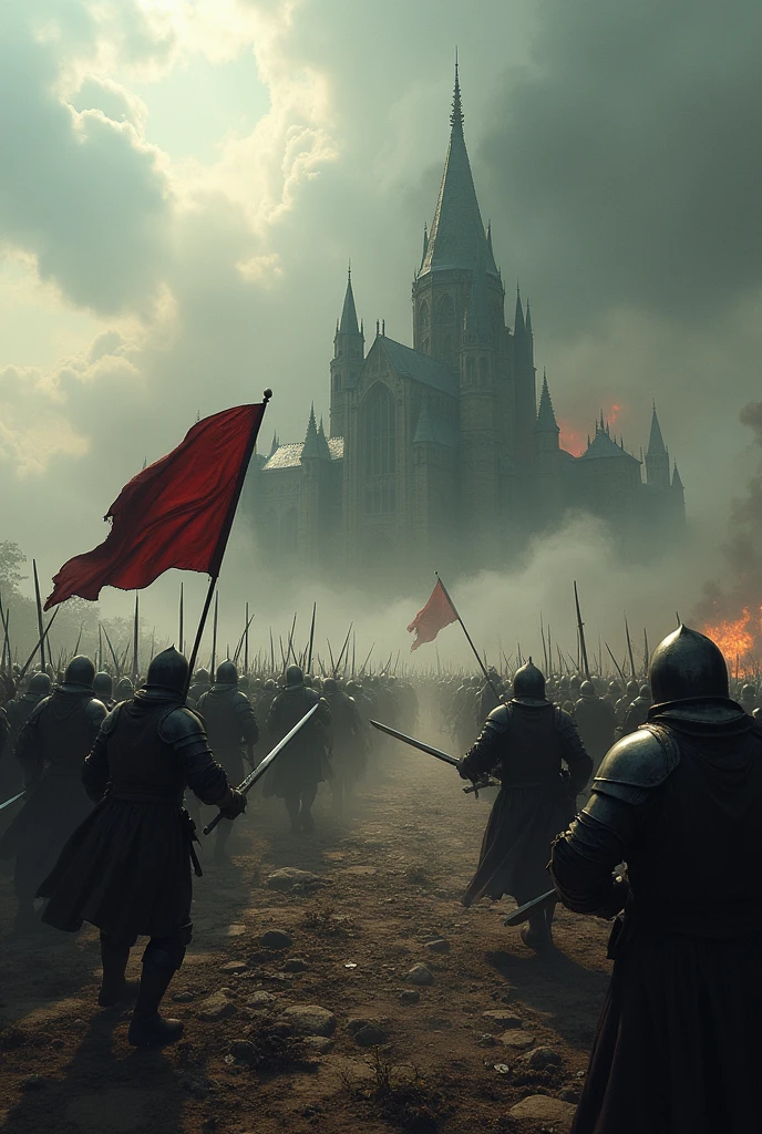 medieval battlefield, Seen from above, epic fights, Soldiers fighting with swords and shields, Flag fluttering in the wind, Gothic architecture, Impressive castle, Smoke and fire, cloudy ash sky, intense moment, Minute Details, Depressive Atmosphere.