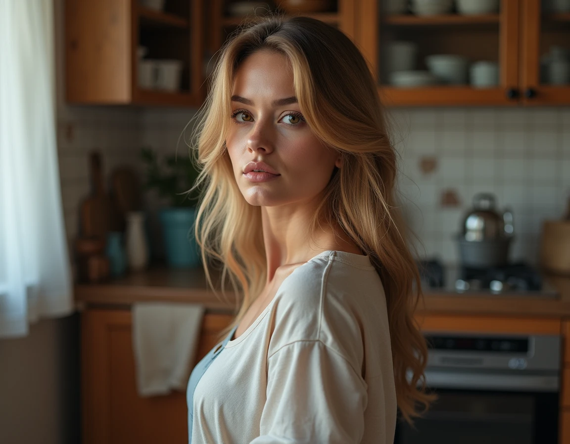 20 year old Russian woman with honey-colored hair (((huge fake breasts))) photographed from the side, she is relaxing in the kitchen without realizing it, (she's not looking at the camera), eyes browns, (long blonde hair), realistic and face detailed, beautfull woman, face detailed, work of art, MILF style, Beautiful ultra detailed and realistic 8k model, hourglass-body, She wears short denim shorts and a loose, tiny t-shirt., sexly, photorrealistic.