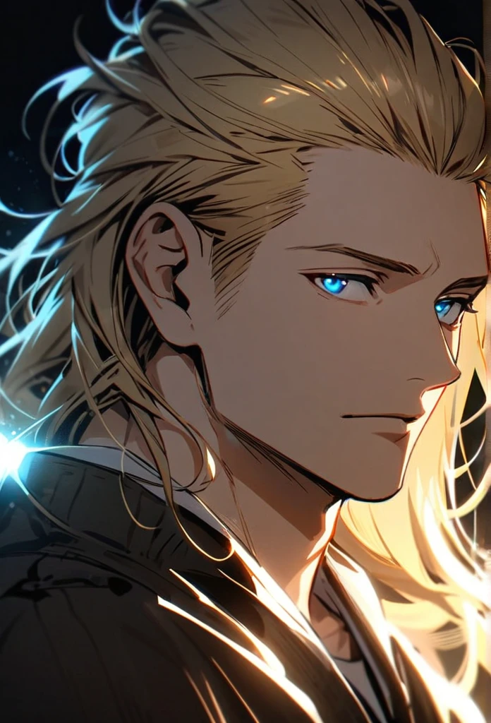 Handsome, solo, 1 man, blonde hair, light blue eyes, 1 man, handsome, male, detailed, Hair Slicked Back, Messy Hair, Glowing Light, long Hair, Hair Pulled Back, 40 years old