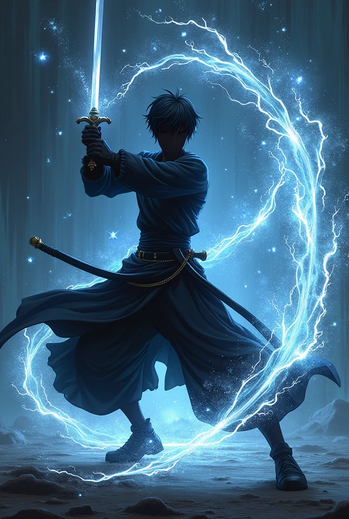 ((Best Quality)), ((masterpiece)), ((detailed)), ((High Definition)), The black silhouette of an anime-style magic swordsman, dynamic movements, fighting stance, he runs like a bullet forward, with the lightning on his back, cutting the air. With a black background. With a magical light of aura of courts , silver in color, with celestial details.