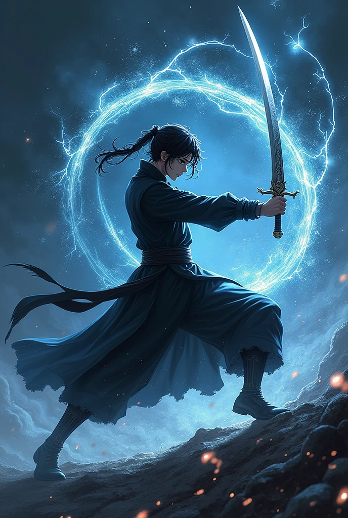 ((Best Quality)), ((masterpiece)), ((detailed)), ((High Definition)), The black silhouette of an anime-style magic swordsman, dynamic movements, fighting stance, he runs like a bullet forward, with the lightning on his back, cutting the air. With a black background. With a magical light of aura of courts , silver in color, with celestial details.