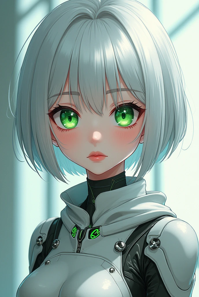 Anime style short White hair, green eyes, cybernetic girl