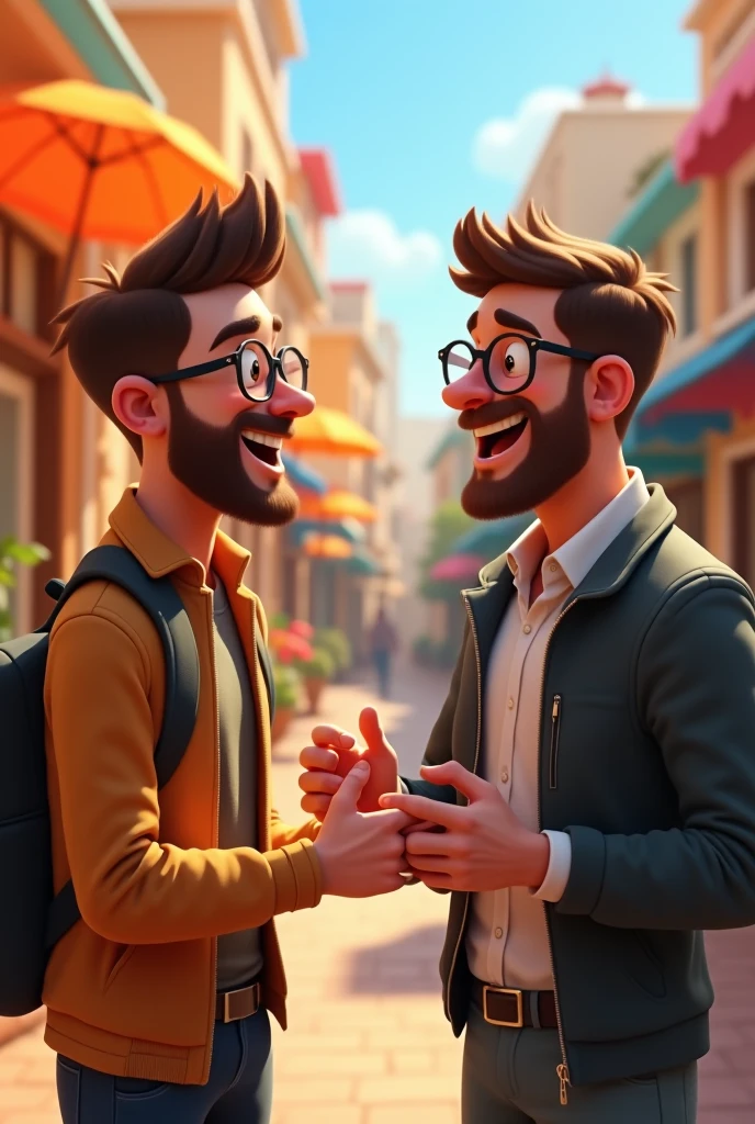 two mens. 23 year old man with beard and glasses. 30 years old man. corporate. happiness . Amemos . Pixar-style