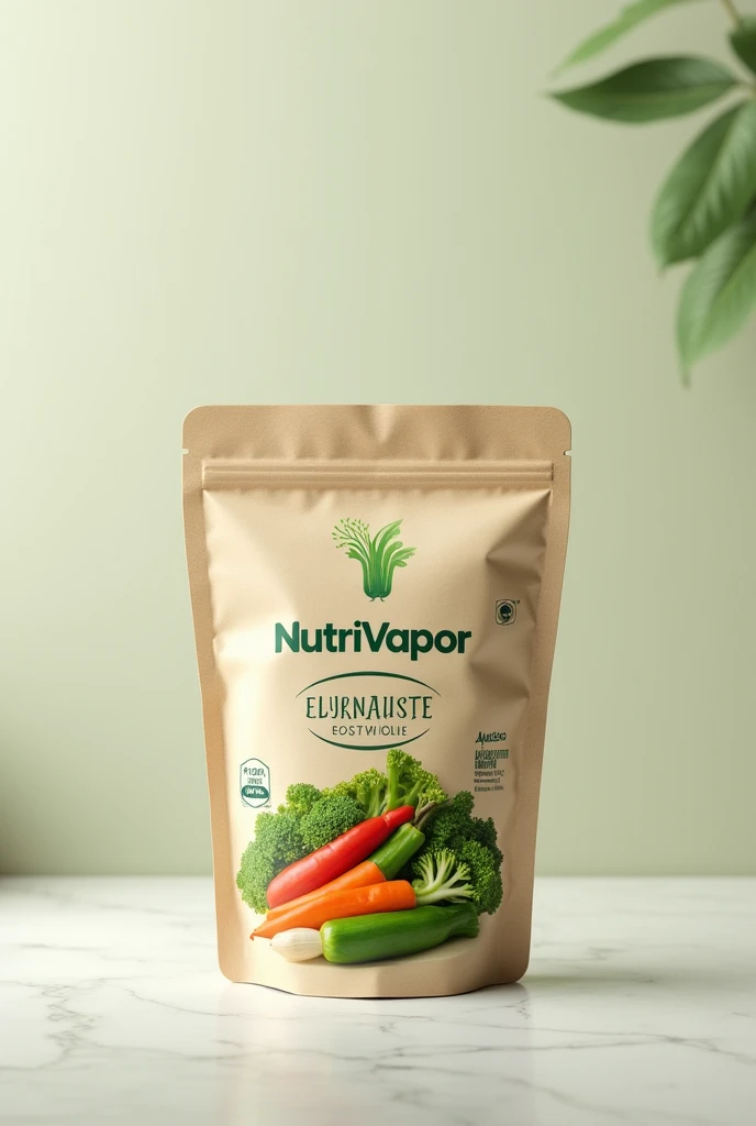 Create an image of a sustainable packaging in the shape of a rectangular container without a lid, to package steamed vegetables and put the NutriVapor brand, with the image of the cooked vegetable 