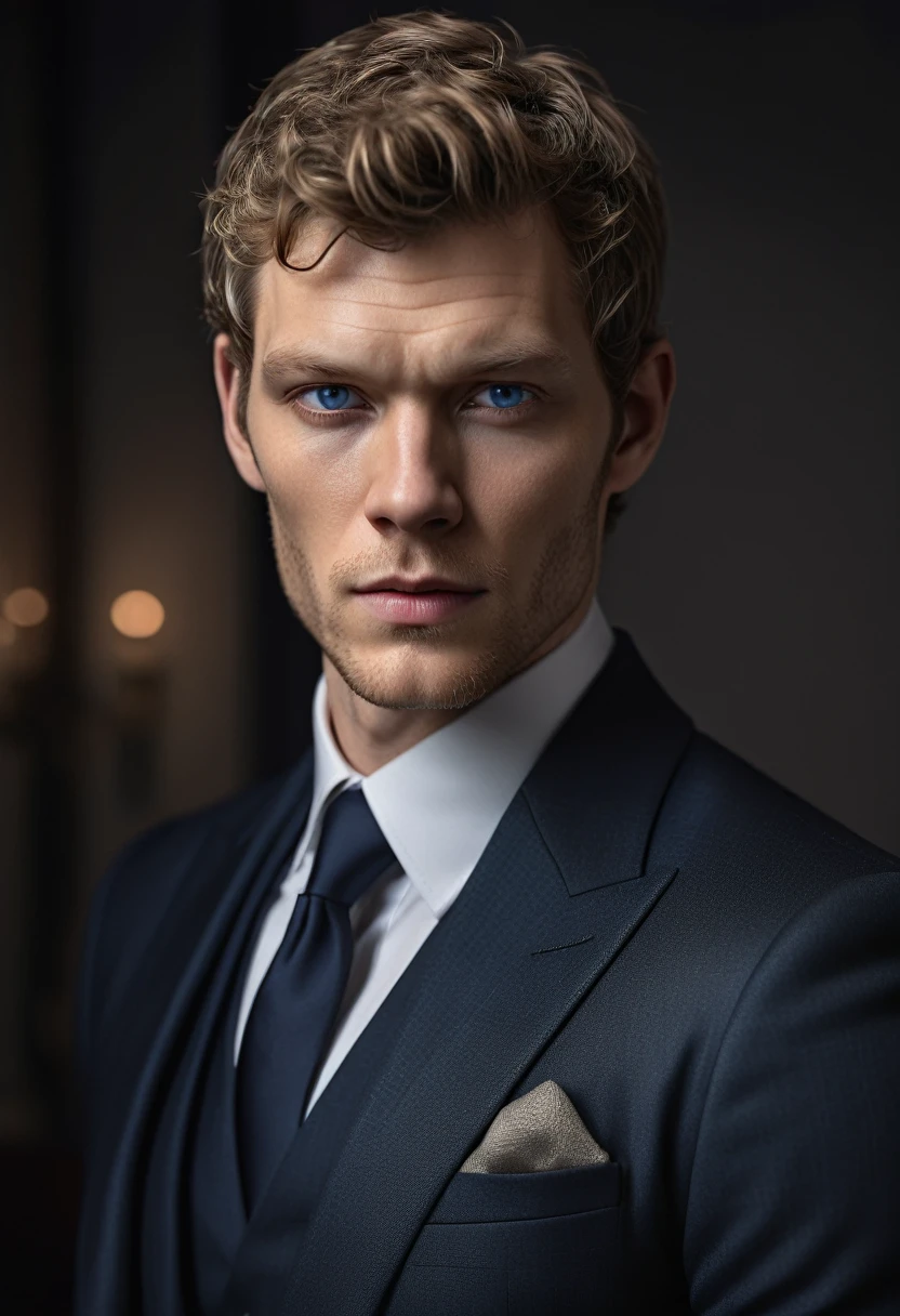 elegant man, dark blonde hair, deep blue eyes, british suit, charismatic, impressive, elegant, joseph morgan, boss, hyper detailed, photorealistic, 8k, high resolution, realistic, intricate details, studio lighting, beautiful skin, sharp focus, dynamic pose, moody lighting, cinematic composition, dramatic shadows