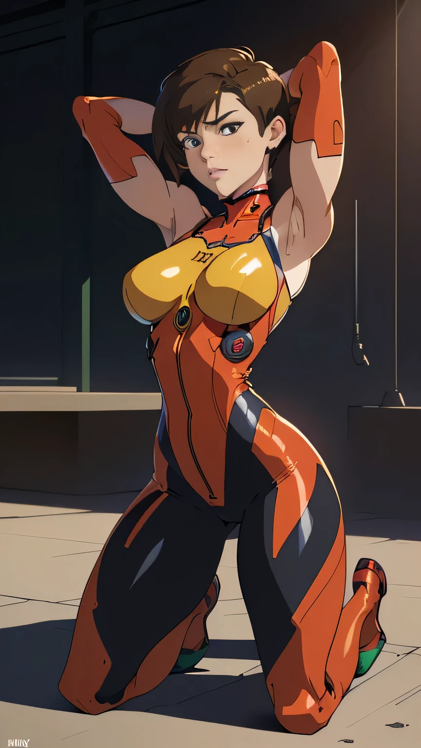 photo of mlp Meowko, RAW, beautiful woman, ((portrait)), ((detailed face:1.2)), ((anime face, anime facial feature, clear skin, glossy anime lips, clear skin), (short lesbian haircut, brunette: 1.55),  (perfect proportioned body, Strong, muscular, narrow waist, narrow hips, skinny, massive breasts), (she is wearing a tight jumpsuit, Neon Genesis Evangelion plug suit, asuka Langley cosplay, unzipping suit, undressing), hands behind Head, arched back, kneeling on platform, splits kneeling, legs open, mecha background, (realistic photo, best quality, detailed), (8k wallpaper), (bright cinematic lighting, lens flares, beautiful light, (noon:1.3)) (sharp focus, intricate)
