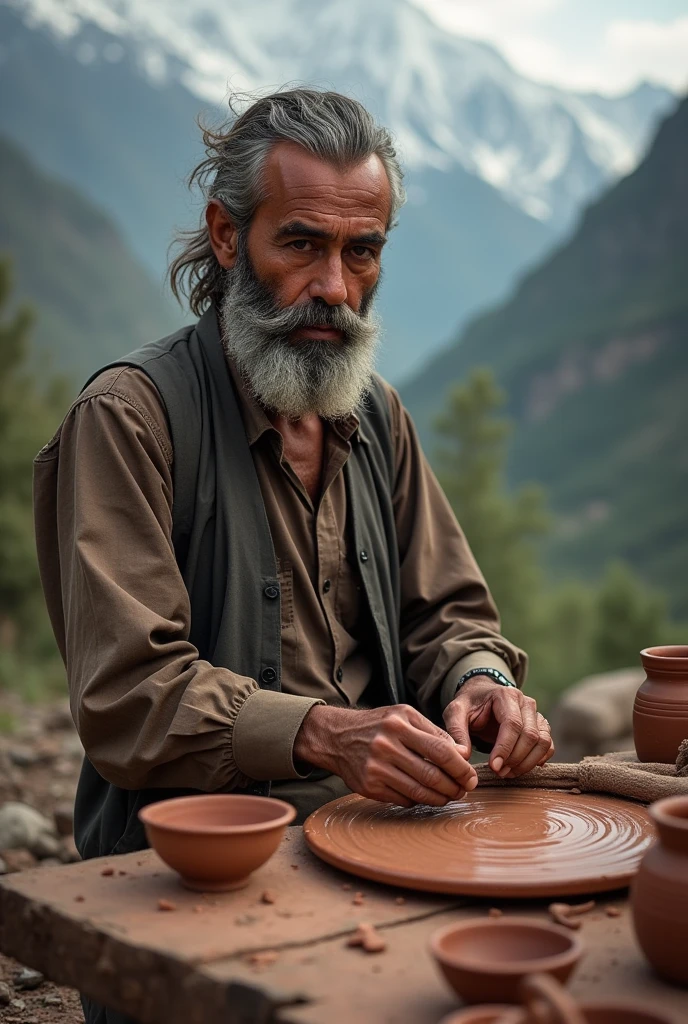 Beautiful man of Kalash Valley, Pakistan, making pottery