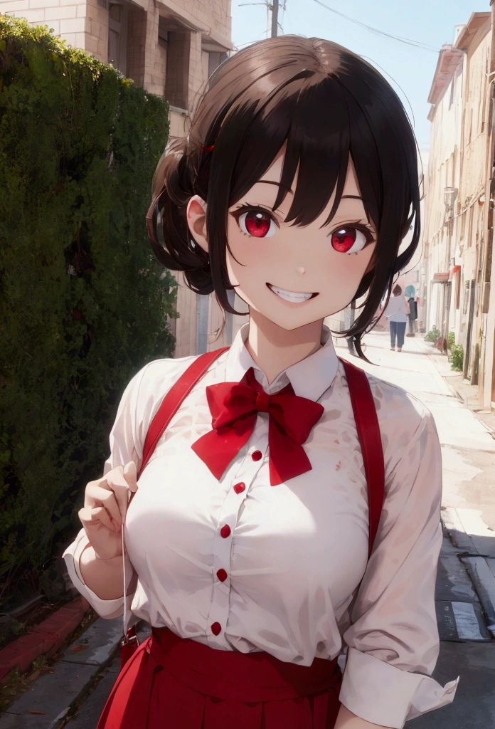 white in red shirt, Grinning
