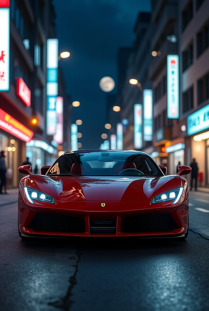 A FERRARI,at a street,a realistic 8k night image.
