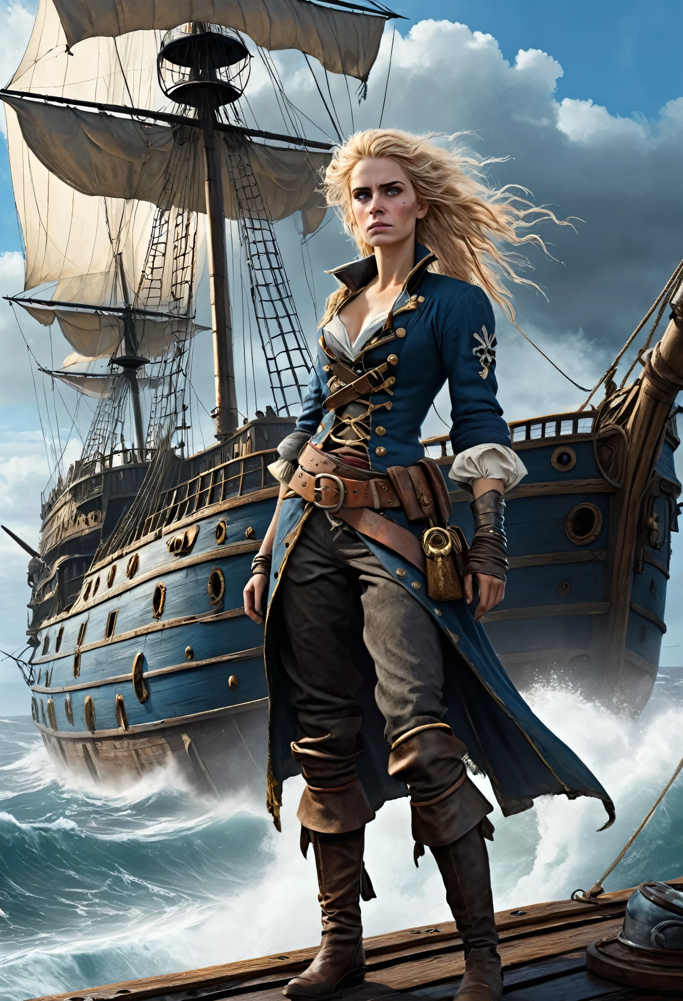 (Realistic:1.2), Grimy 24-year-old blonde pirate woman with weathered skin, sea-sprayed hair, and a salty gaze leaning against mast of. her storm-battered ship, a dagger by in her hand limp at her side, exhausted after another sea battle. The rough grey sea stretching out before her like an endless battlefield, waves crashing against the vessel's hull as dark, foreboding clouds gather on the horizon, an airship looming in the distance, its billowing sails tattered, the pirate's tunic a deep, rich blue with sea-worn whites and tawny leather accents, contrasting warm golden light on weathered wood and cold blue shadows, 8k hyper-real fantasy matte painting in the style of Simon Stalenhag, ZBrush textures and Unreal Engine 5, detailing reminiscent of Iain McCaig's concept art, loose brushstrokes echoing the rugged seascape my soulmate.