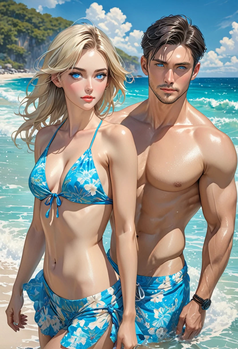 photorrealistic. The 34-year-old man has short, dark hair in a masculine cut, model beauty, STRIKING FEATURES, blue eyes and a virile body. He's next to a beautiful blonde in the sea with crystal clear waters. I wear beach clothes even though they are expensive.. fully body.