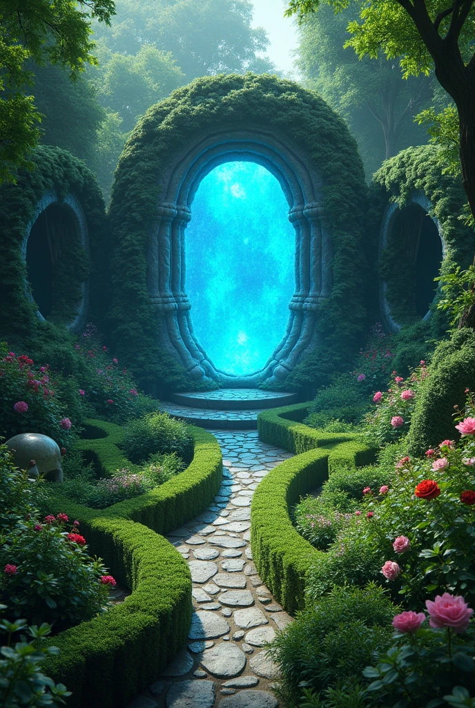 An enchanted garden resembling a maze in the middle a portal with a blue background