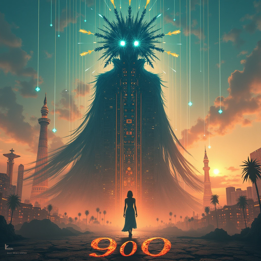 A mesmerizing double exposure digital masterpiece featuring the mystical silhouette of a puppeteer, illuminated by a luminous, ethereal and mystical aura. Against the backdrop of Las Vegas, the puppeteer embodies the essence of spectacle and the magic of the show. His luminescent eyes, radiant with deep contemplation, are surrounded by a delicate fusion of intricate details and conceptual elements. At her feet, in a fantastic font, a large number "900", drawn with the strings of the puppeteer, while a woman walks through the Las Vegas landscape. The bright and vibrant color palette of this work of art captivates the viewer, transporting them to the depths of the spectacle. This stunning creation masterfully combines elements of 3D rendering and illustration to create an immersive and captivating experience. The harmonious combination of the work's cinema, poster, architecture, painting, conceptual art.