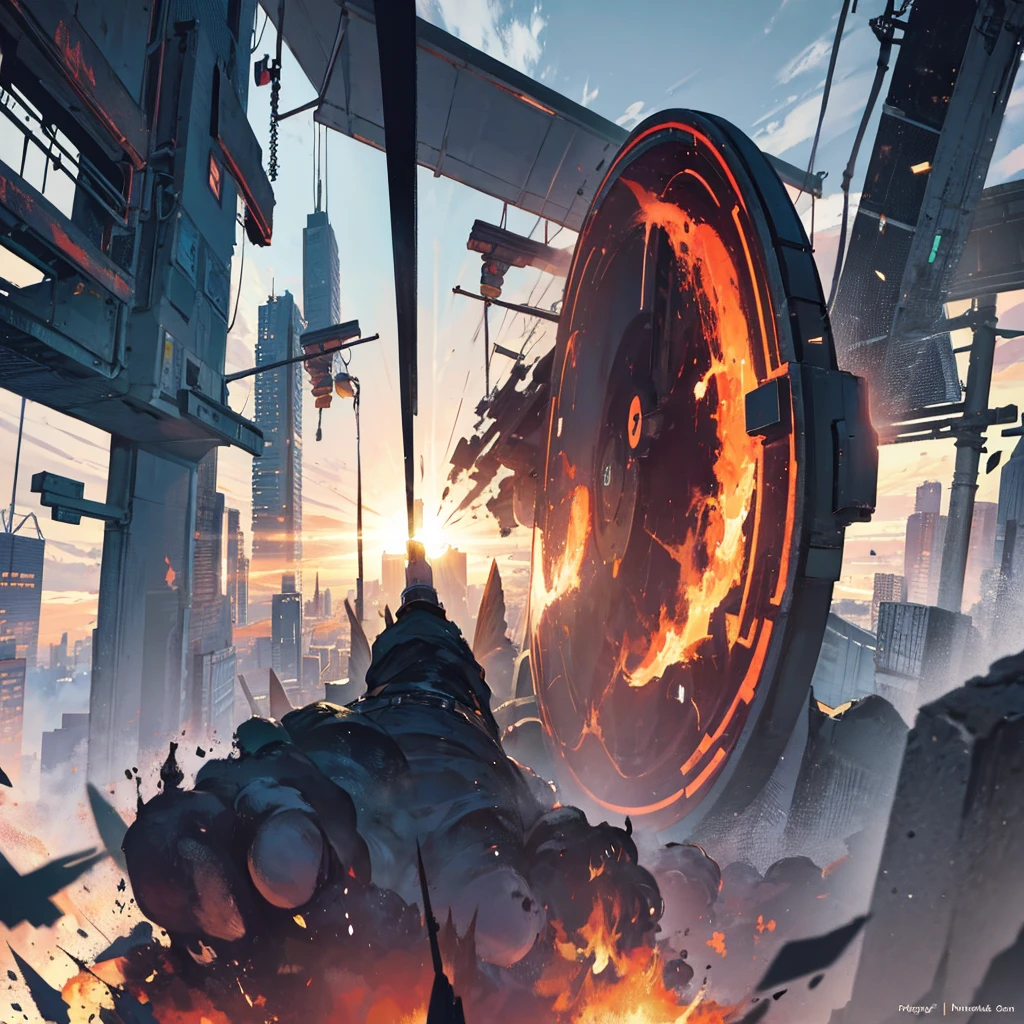 (Unicorn Gundam+Divine Gundam), epic battles, intense action, high emotions, dazzling lights, dynamic perspective, [ :( exploding cityscapes, smoking ruins, destruction and chaos, epic battles Damage, amazing weather effects, dramatic skies: 0.9]