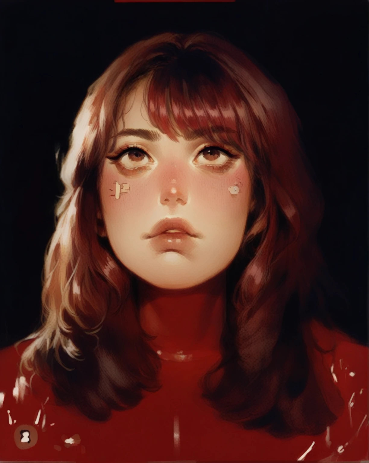 punctuation_9, punctuation_8_High above, punctuation_7_High above light colors, watercolours, warm rays of light, ( arte linear:1.4), thick Contours, (thick Contours:1.4), clean line art, Contour, sleeved, Graphic novel, warm red sunlight, daughter, dark red hair, shiny brown eyes, mouth half open