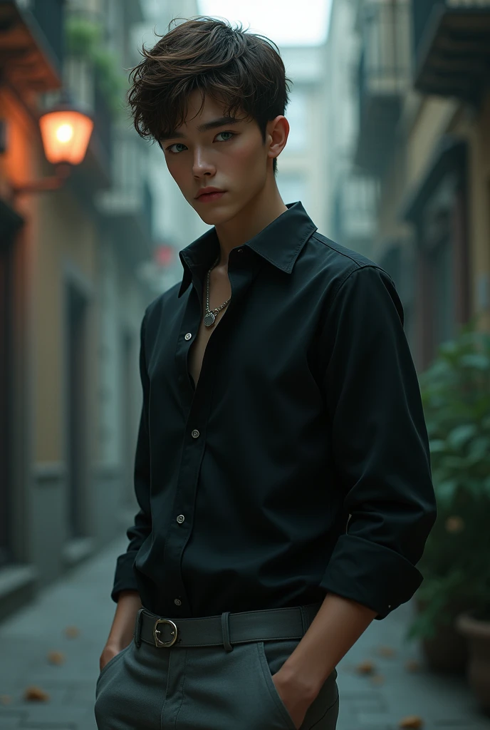 Young male vampire, approximately 21 years old,with an Italian appearance.
with very short brown hair,black shirt and gray pants, pale and tall and green-eyed 