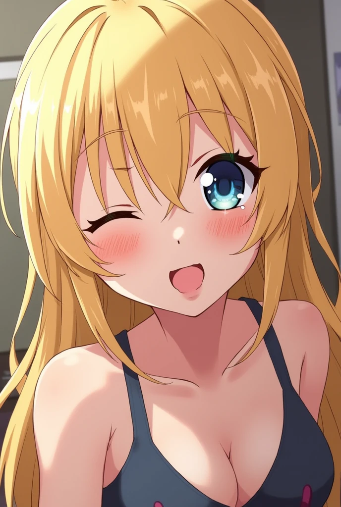 Sexy blonde anime girl sticks out her tongue and cums