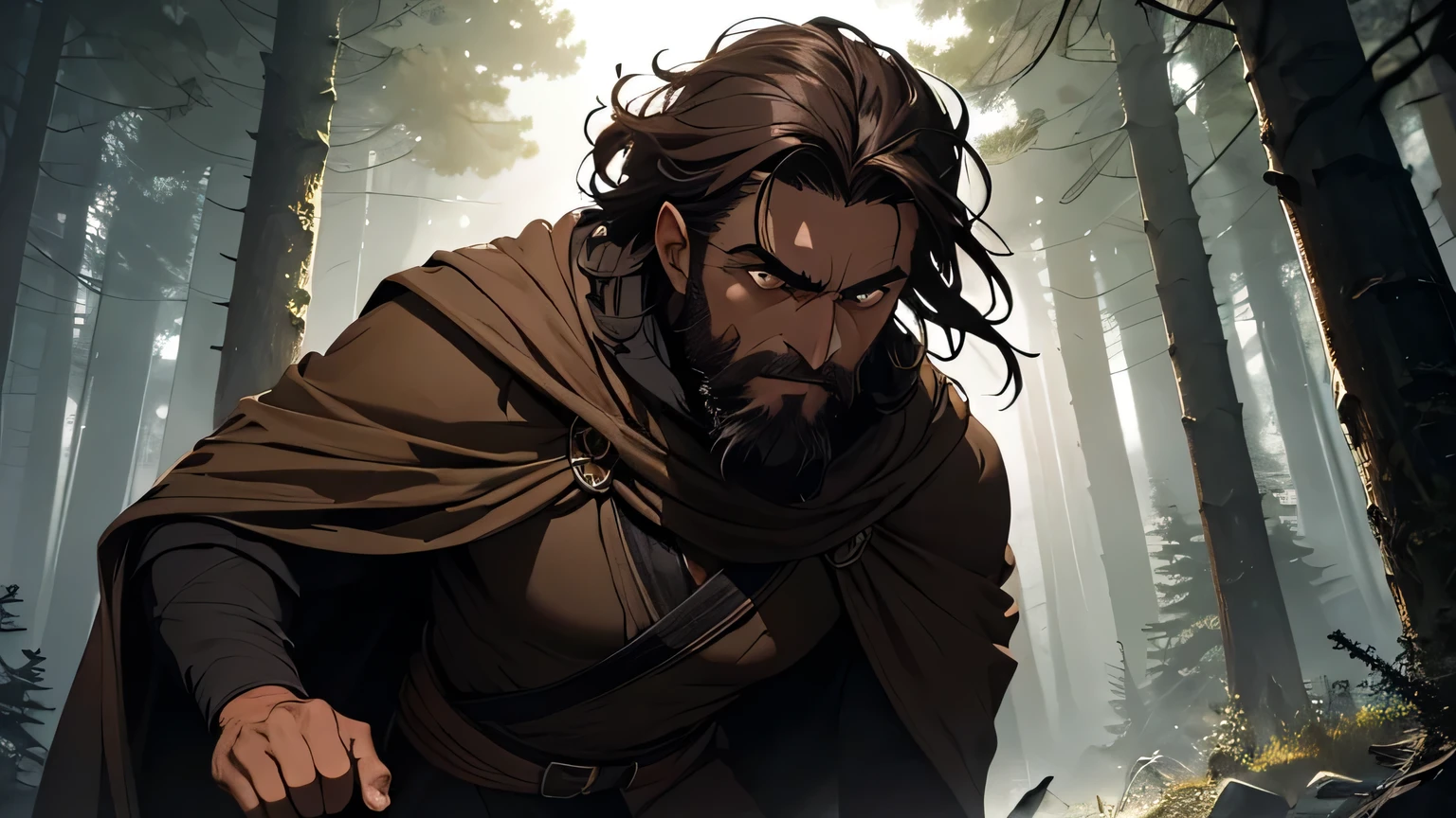 Scared man with dark brown beard, long dark brown hair, light yellowish brown eyes and dark brown and light brown robe from the 4th century BC, with a light brown cloak, about 50 years old, running in a dark and mysterious forest at night, running in the forest, moody lighting, hyper-realistic cinematic lighting,