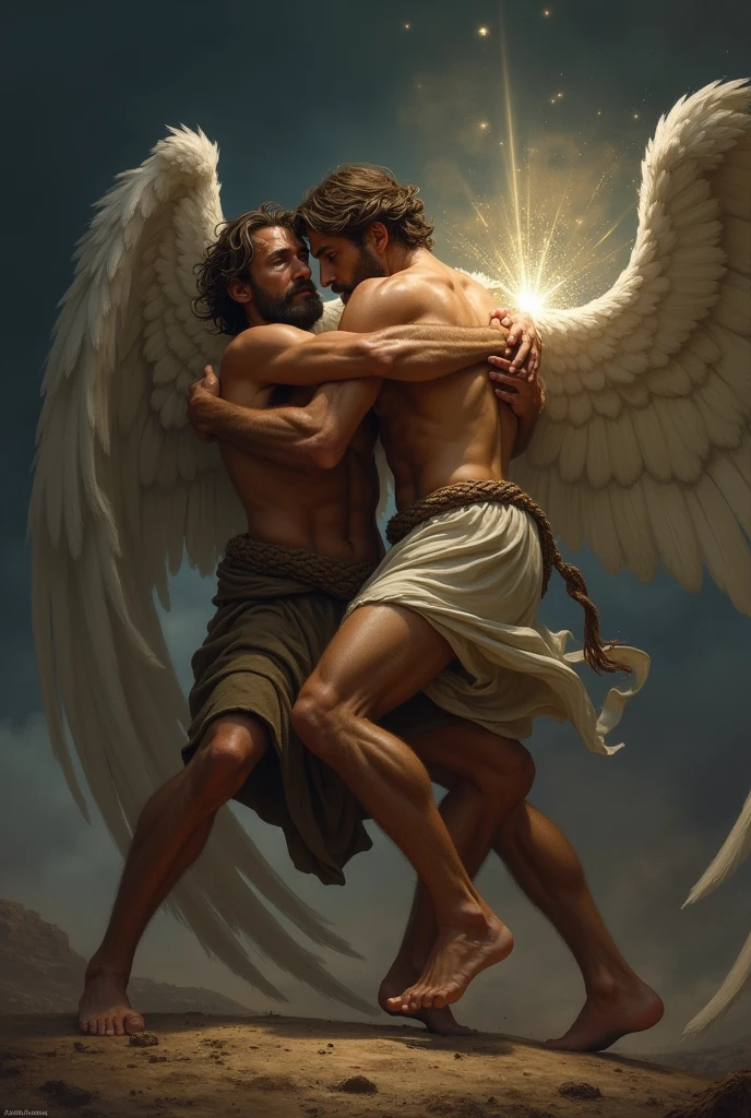 imageio: "Jacob fighting with the angel"
Create a dramatic and intense scene of Jacob wrestling with an angel in a physical and spiritual battle. The image should capture the pivotal moment of the struggle during the night, with the dark sky and only the soft light of dawn beginning to appear in the background.
detaileds:
Action:
Jacob and the angel are in a physical struggle, with tense muscles and the fighting stance suggesting a fierce clash.
The angel must be touching Jacob's thigh, moving it, with a visible light at the point of contact, symbolizing transformation and pain.