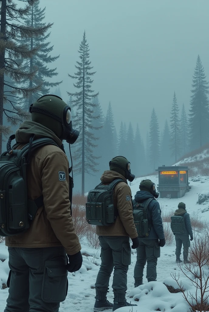 (Isolated humans with gas mask, brown, blue, black and white clothes) look over futuristic big outpost into the mountain without lights in the style of dark hues, forest winter, coded patterns, urbancore, soviet ambience, vastness of space, post apocaliptic space.