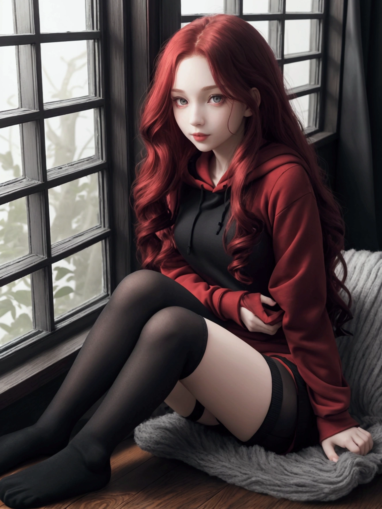 lonely girl, red scarlet long wavy hair, red-scarlet shining eyes, Beautiful face, slight smile, pale skin, Slim beautiful figure, all black hoodie, black shorts, black and grey striped wool stockings, Black Slippers, sits on the windowsill, There is a summer forest outside the window, warm colors, cozy room