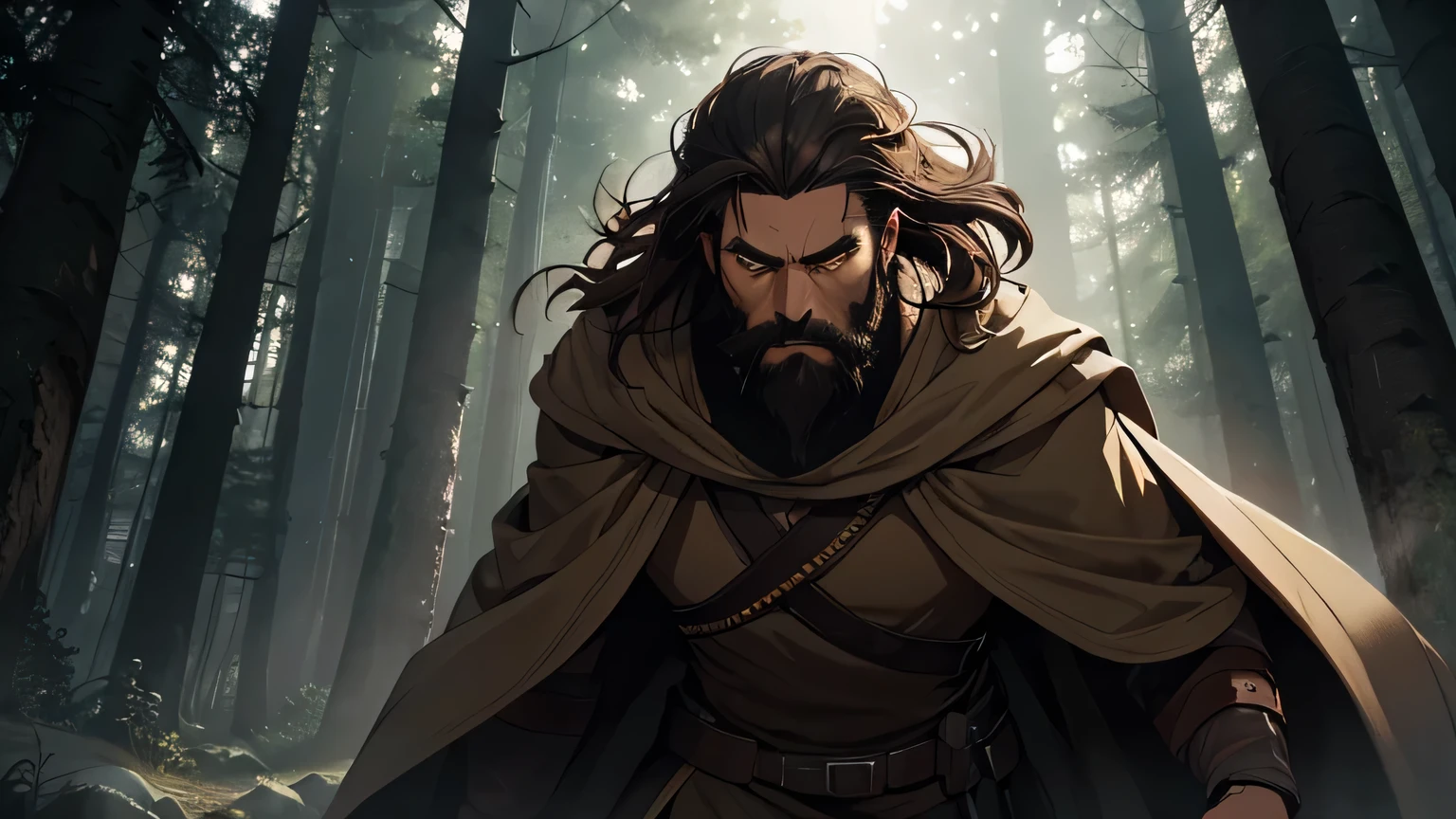 Scared man with dark brown beard, long dark brown hair, light yellowish brown eyes and dark brown and light brown robe from the 4th century BC, with a light brown cloak, about 50 years old, running in a dark and mysterious forest at night, running in the forest, moody lighting, hyper-realistic cinematic lighting,