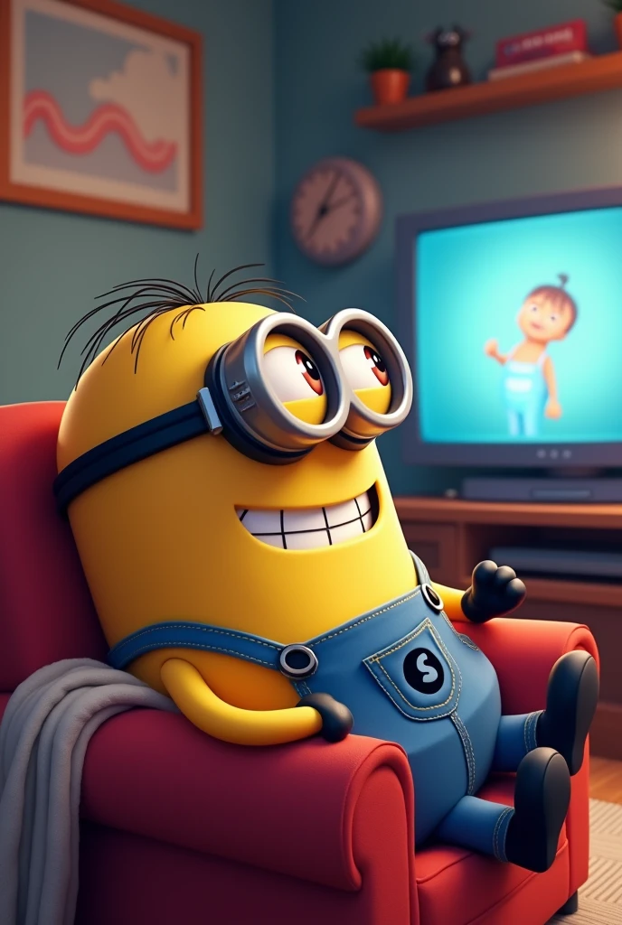 Funny yellow character inspired by the minions watching TV